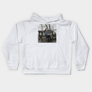 Young Woman on a Bench on a Cloudy Day Kids Hoodie